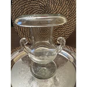 Vintage Clear Glass Trophy Vase Mini Urn Pedestal Scroll Handles 5.5” Chip